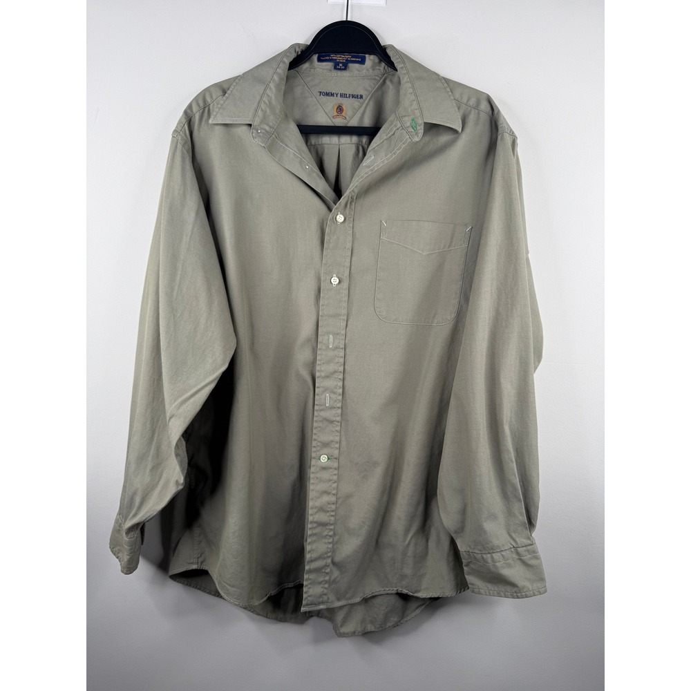 Vintage Tommy Hilfiger 90s Y2K Mens 16 Cotton Shirt Olive Green Long Sleeve